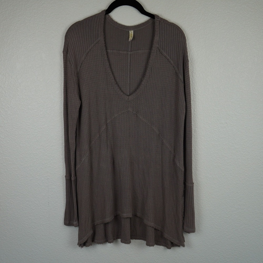 Free People South Side Waffle Knit V Neck Tunic Top Brown Size SP Boho Peasant